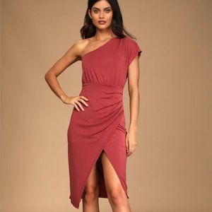 Lulu's Raise a Glass Rusty Rose One-Shoulder Midi Dress
